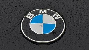 A raindrop-dotted BMW logo on a parked black car