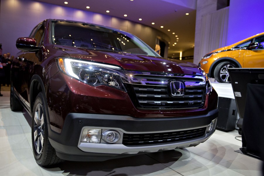 A Honda Ridgeline sits on display after winning an award