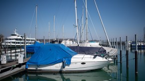 A boat docked in the water.