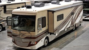 A Fleetwood Discovery is seen parked at the Boston RV & Camping Expo at the Boston Convention and Exhibition Center