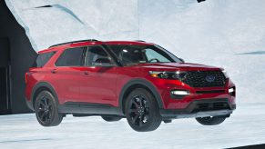 A 2021 Ford Explorer ST on display at an auto show