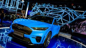 A Mustang Mach-E car is on display during the 3rd China International Import Expo