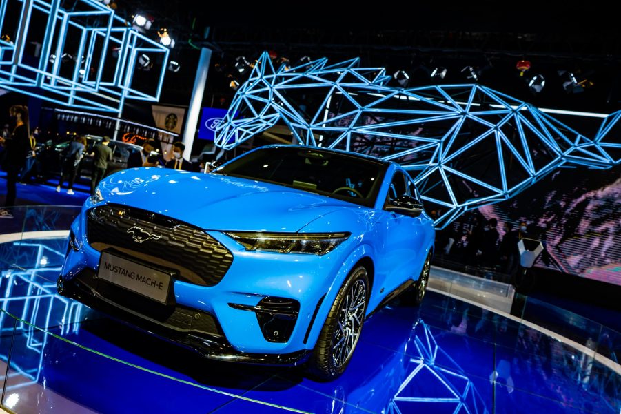 A Mustang Mach-E car is on display during the 3rd China International Import Expo