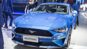 A Ford Mustang sports car is on display during the 18th Guangzhou International Automobile Exhibition