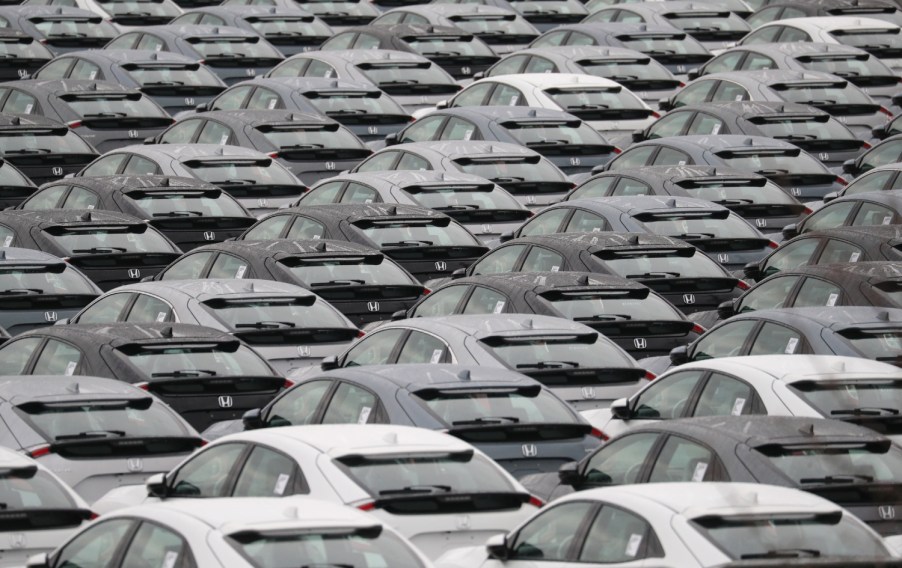 Many Honda Civic cars sit at a port waiting for purchase