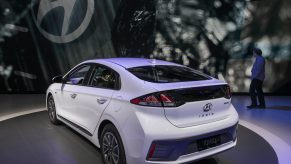 The rear of the white Hyundai Ioniq is shown at AutoMobility LA