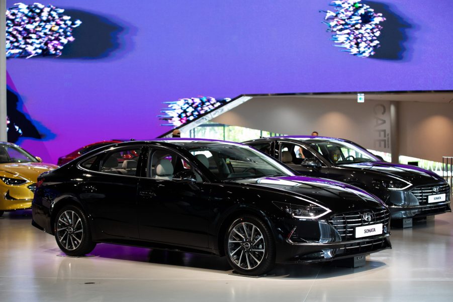 Hyundai Motor Co. Sonata sedans stand on display at the company's Motorstudio showroom in Goyang, South Korea