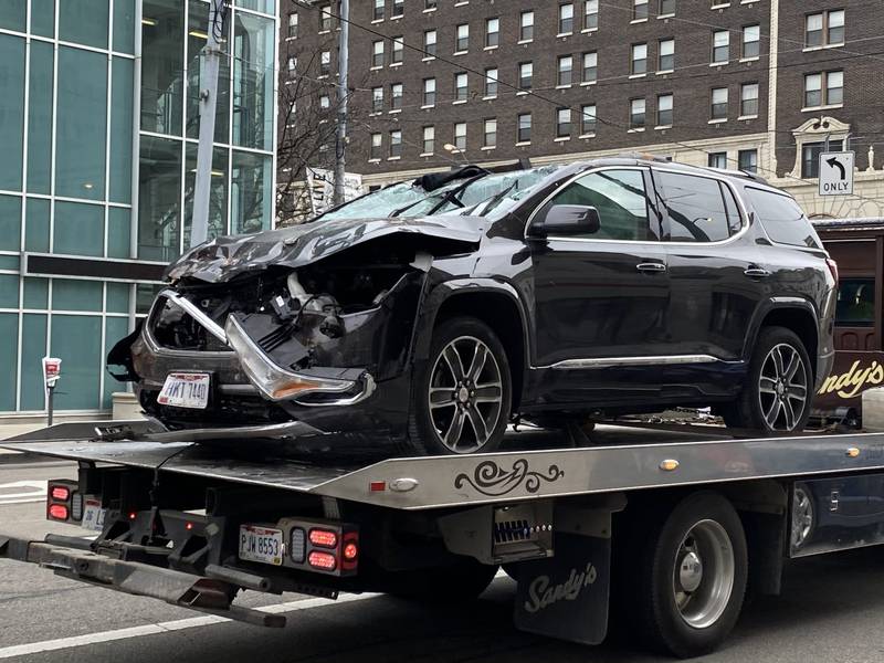 A Damaged GMC Terrain after falling for the second story