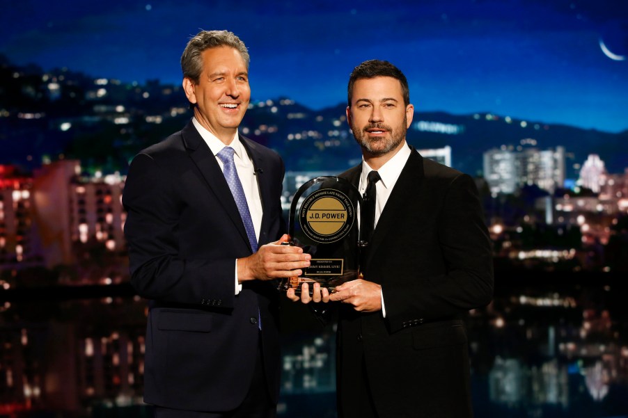 J.D. Power president and CEO Dave Habiger and TV host Jimmy Kimmel on the set of 'Jimmy Kimmel Live!' in 2018