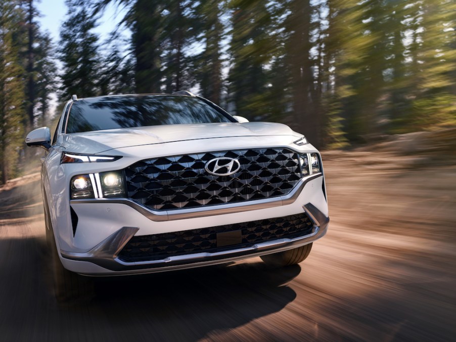 An action shot of the front of a 2021 Hyundai Santa Fe | Hyundai