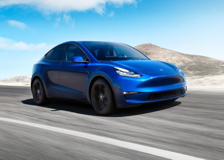 An image of a Tesla Model Y out on a race track.