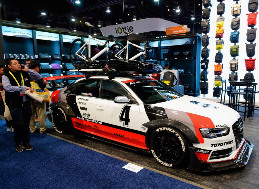 A Thule base rack, bike rack, and cargo box on display at CES consumer technology trade show at the Las Vegas Convention Center on January 7, 2017, in Las Vegas, Nevada