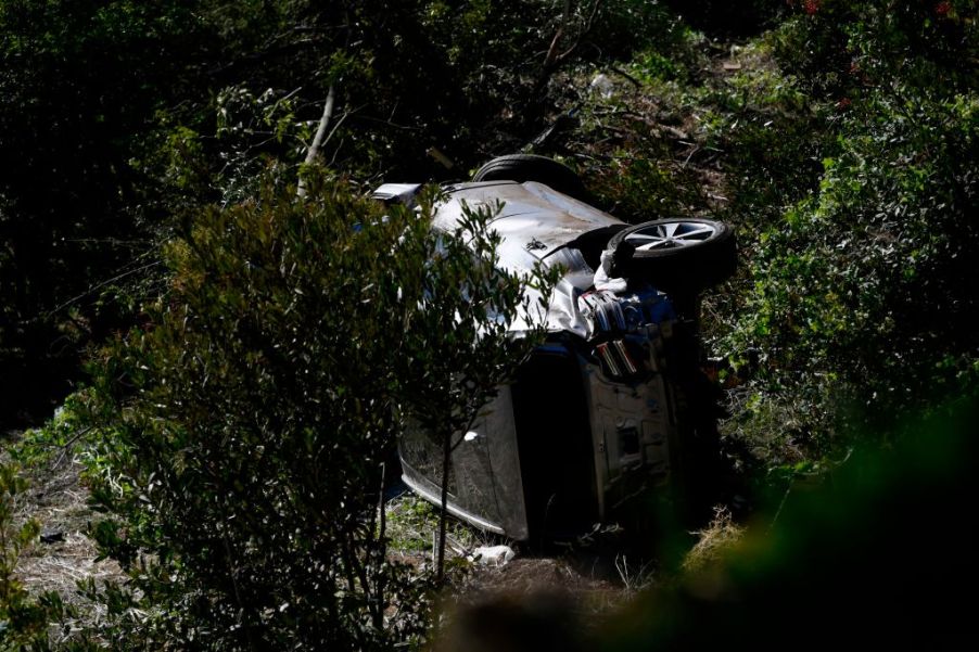 Tiger Woods accident vehicle resting on its side