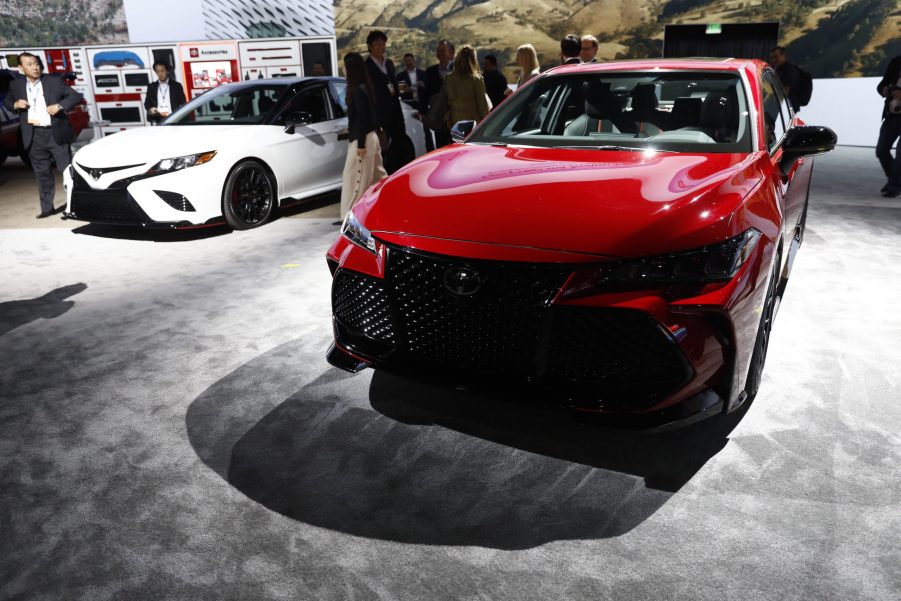 Toyota Motor Corp. Avalon TRD, right, and Camry TRD vehicles are displayed during AutoMobility LA ahead of the Los Angeles Auto Show