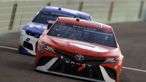 Bubba Wallace races his Toyota car during a NASCAR event