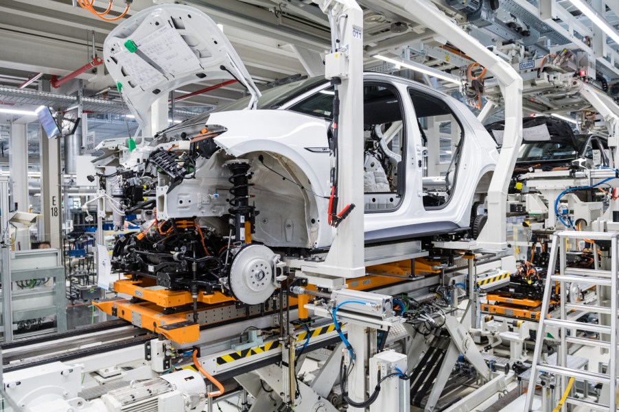 A Volkswagen electric vehicle in production at the VW factory