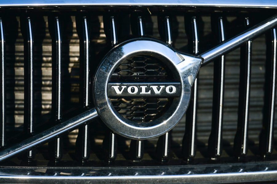 A Volvo logo seen on a parked car in Dublin city center.