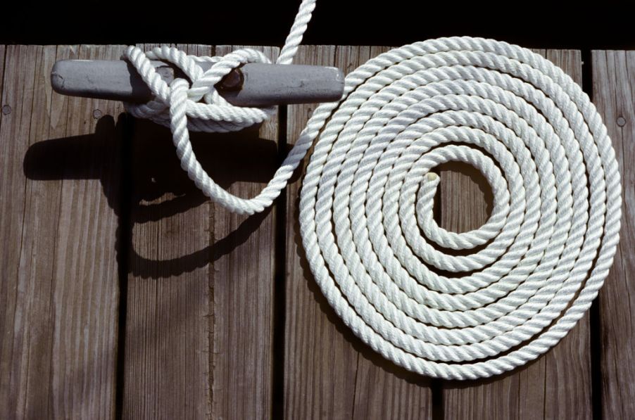 Boating accessories, a coil of rope and a tie-off