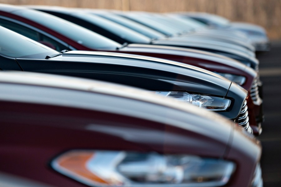 A row of 2014 Ford Fusion vehicles sit on a car sales lot at Uftring Ford in East Peoria, Illinois, on Saturday, November 30, 2013