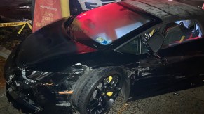 An image of a crashed Lamborghini Huracán Spyder outside of McDonald's.