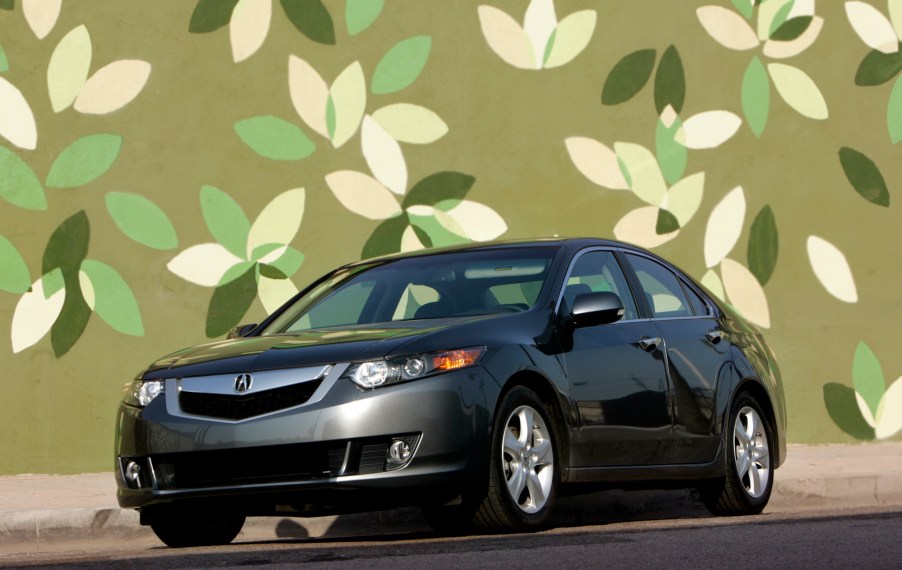 A dark-gray metallic 2008 Acura TSX sports sedan parked in front of a green leaf background