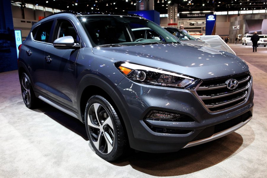 A light-blue metallic 2017 Hyundai Tucson compact SUV on display at the 109th-annual Chicago Auto Show at McCormick Place in Chicago, Illinois, on February 10, 2017