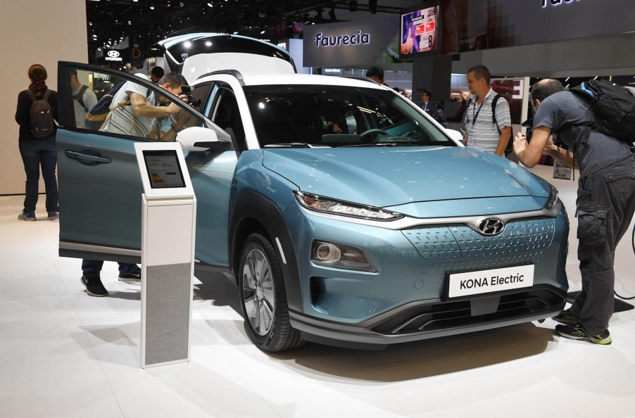 A light-blue 2018 Hyundai Kona electric crossover SUV on display at the 2018 Paris International Motor Show