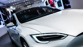 A white Tesla Model S in Barcelona, Spain, on September 10, 2018