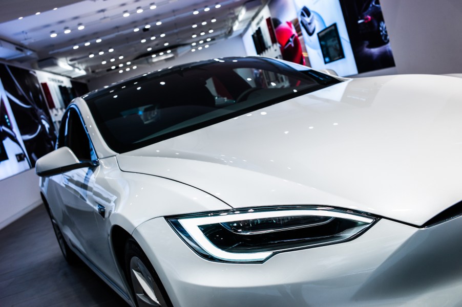 A white Tesla Model S in Barcelona, Spain, on September 10, 2018