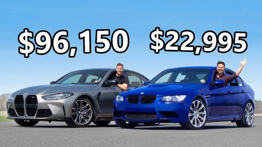 A silver 2021 BMW M3 next to a blue 2008 E90 BMW M3 on a racetrack