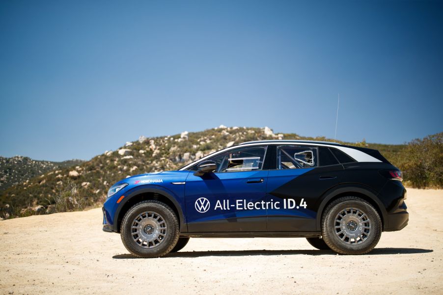 The side view of the blue 2021 NORRA Mexican 1000 Volkswagen ID.4 racer in Baja