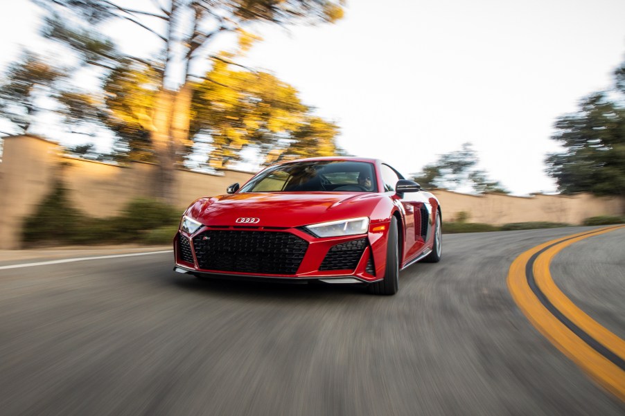 An image of a red Audi R8 outdoors.