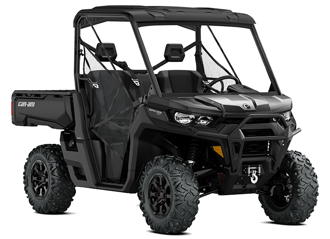 A Can-Am Defender side-by-side UTV with a rear utility bed