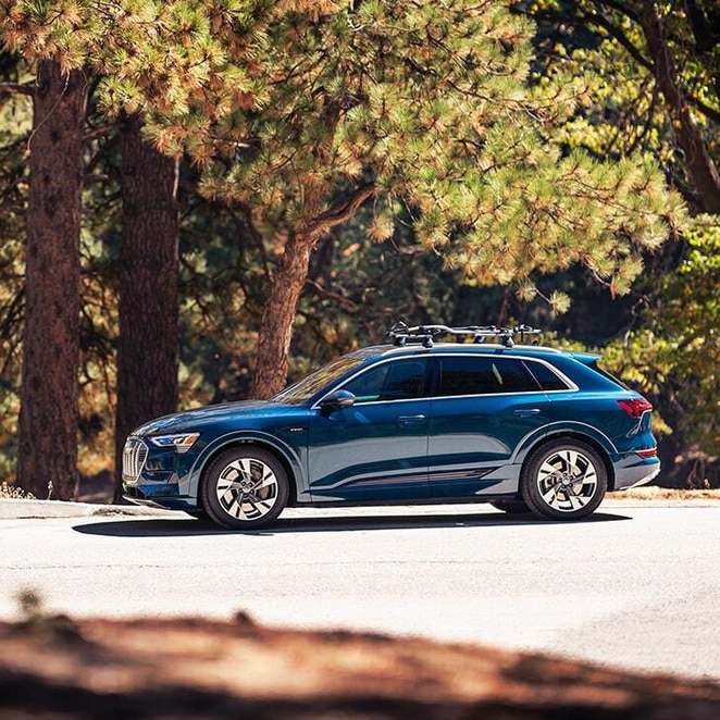 side view of a blue 2021 Audi e-tron on a scenic forest road