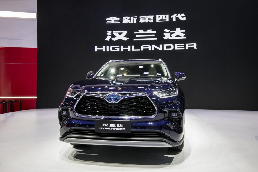 A blue Toyota Highlander SUV is on display during the 19th Shanghai International Automobile Industry Exhibition (Auto Shanghai 2021) at National Exhibition and Convention Center