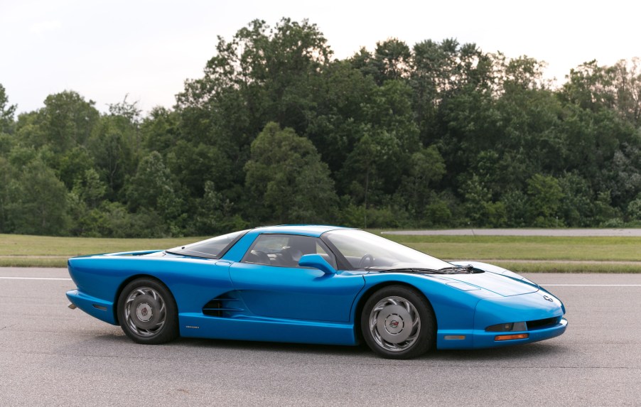 An image of a Mid-Engined Chevrolet Corvette concept parked outdoors.