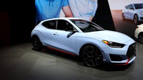 A powder blue 2018 Hyundai Veloster is on display at the 110th Annual Chicago Auto Show at McCormick Place