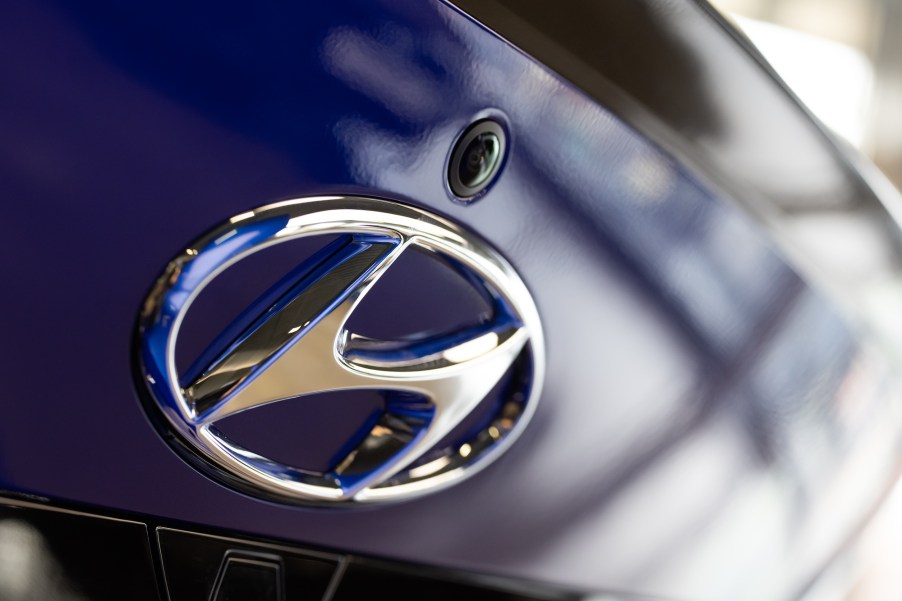 The Hyundai logo on the trunk of an Avante N Line sedan at the company's Motorstudio showroom in Seoul, South Korea, on Saturday, January 23, 2021