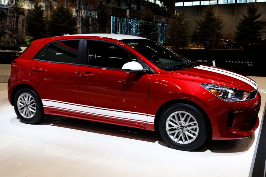 Red 2019 Kia Rio with white stripes is on display at the 111th Annual Chicago Auto Show at McCormick Place