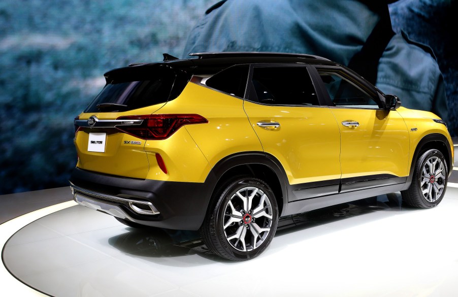 Yellow 2021 Kia Seltos SX – rival to the Hyundai Kona –is on display at the 112th Annual Chicago Auto Show