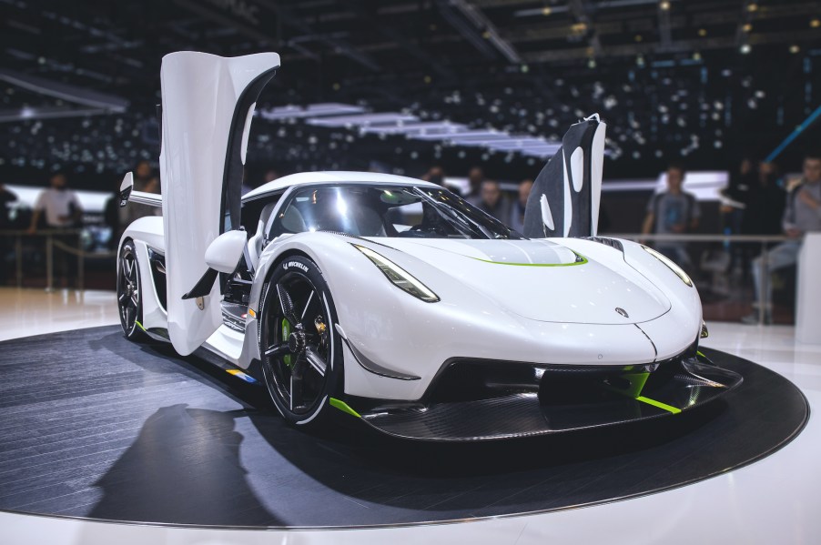 A white Koenigsegg Jesko hypercar at the Geneva International Motorshow in Switzerland in March 2019