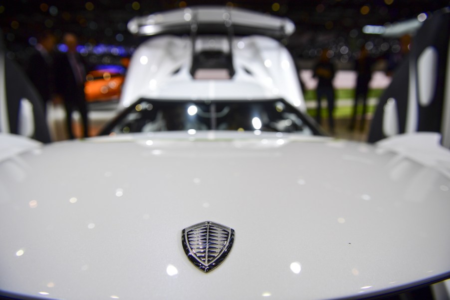 The hood of a white Koenigsegg Jesko hypercar on day two of the 89th Geneva International Motor Show in Geneva, Switzerland, on Wednesday, March 6, 2019