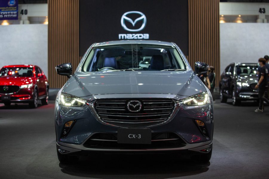 A gray Mazda CX-3 at the Mazda stand during the 42nd Bangkok International Motor Show 2021 at IMPACT for the Press Tour in Bangkok, Thailand