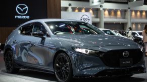 A gray Mazda3 at the Mazda stand during the 42nd Bangkok International Motor Show 2021