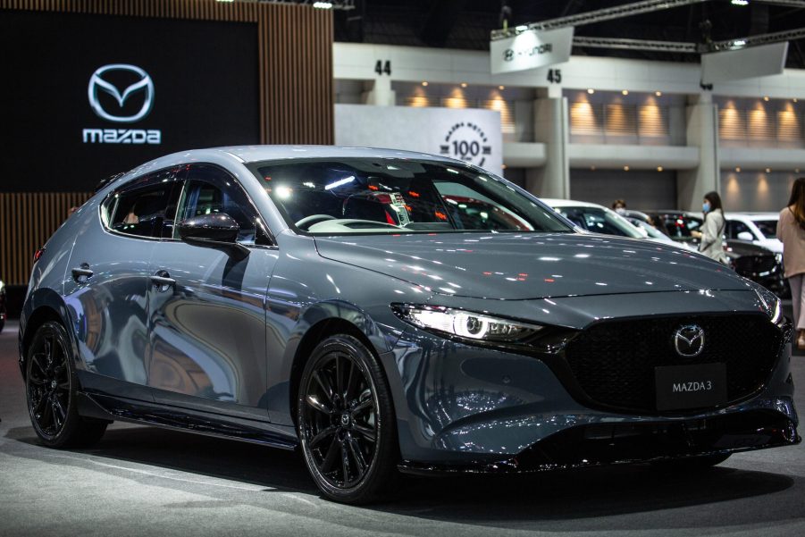 A gray Mazda3 at the Mazda stand during the 42nd Bangkok International Motor Show 2021