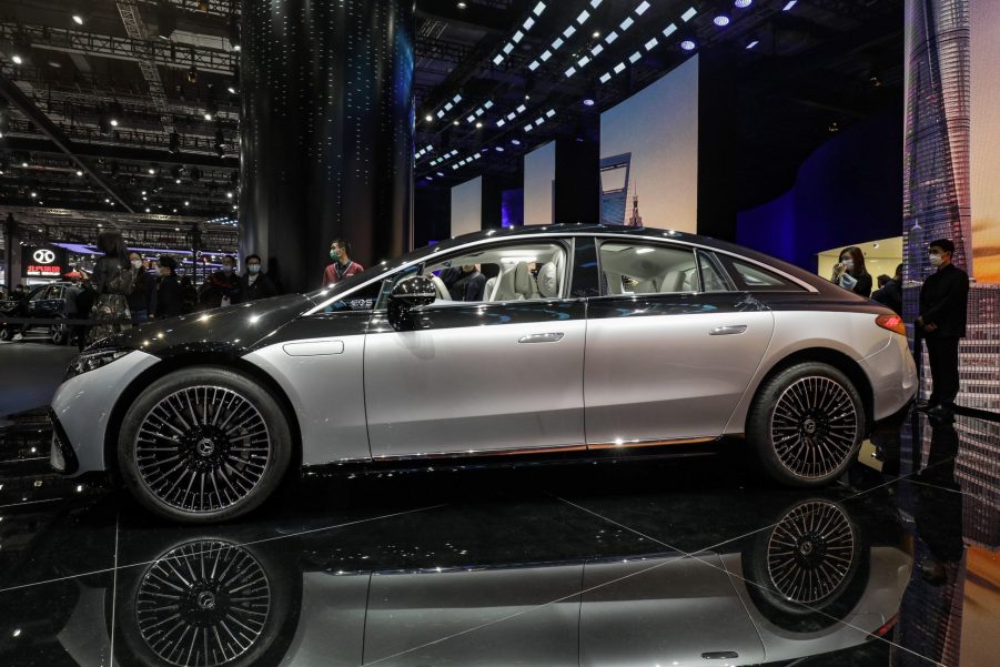 The silver Mercedes-Benz AG EQS electric sedan at the Auto Shanghai 2021 show in Shanghai, China, on Monday, April 19, 2021