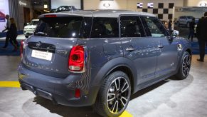 Gray MINI Cooper S E Countryman Plug in Hybrid crossover SUV retro design car on display at Brussels Expo