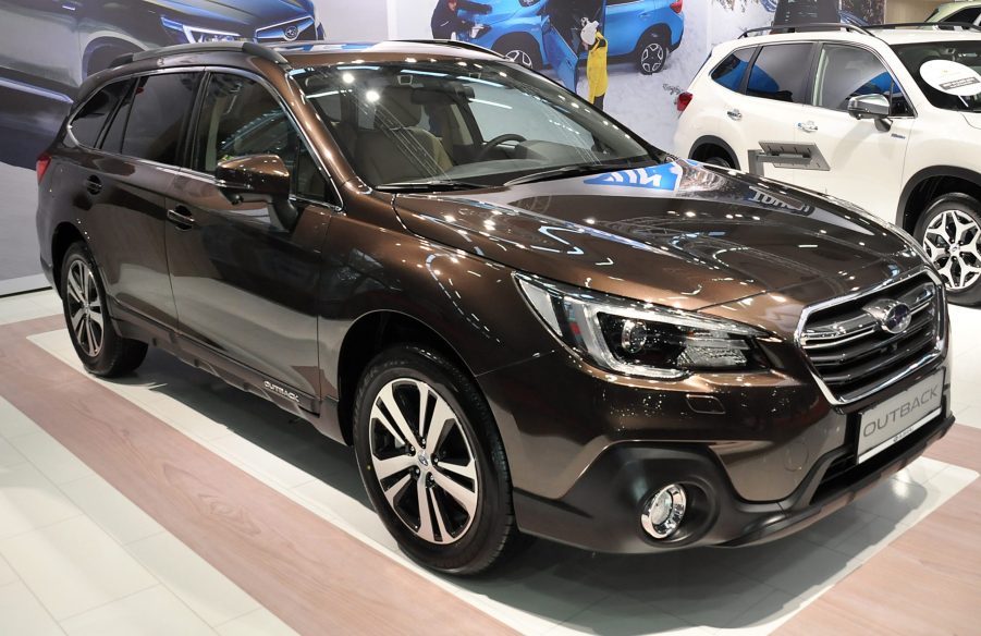 A brown Subaru Outback is seen during the Vienna Car Show press preview