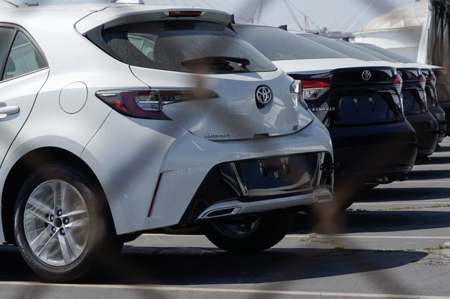 New Toyota Motor Corp. Corolla vehicles sit parked at a Toyota Logistics Services Inc. automotive processing terminal