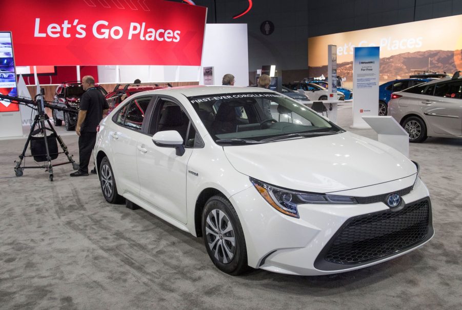 A white 2020 Toyota Corolla Hybrid that has been named the 2020 Green Car of the Year, at the 2019 Los Angeles Auto Show in Los Angeles, California